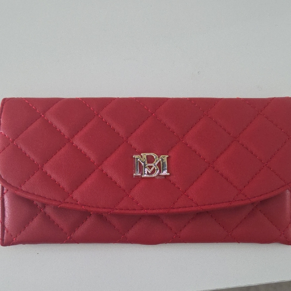 Badgley Mischka Quilted Red Envelope Wallet with Gold Logo